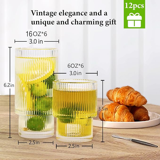 Ribbed Glasses Drinking Glassware - Set of 12 Vintage Cute Cocktail Cups - 6 Pcs Ripple Rluted Aesthetic Drinkware 16 oz & 6 Pcs House Essentials Glass 6 oz for Drink Coffee Beer