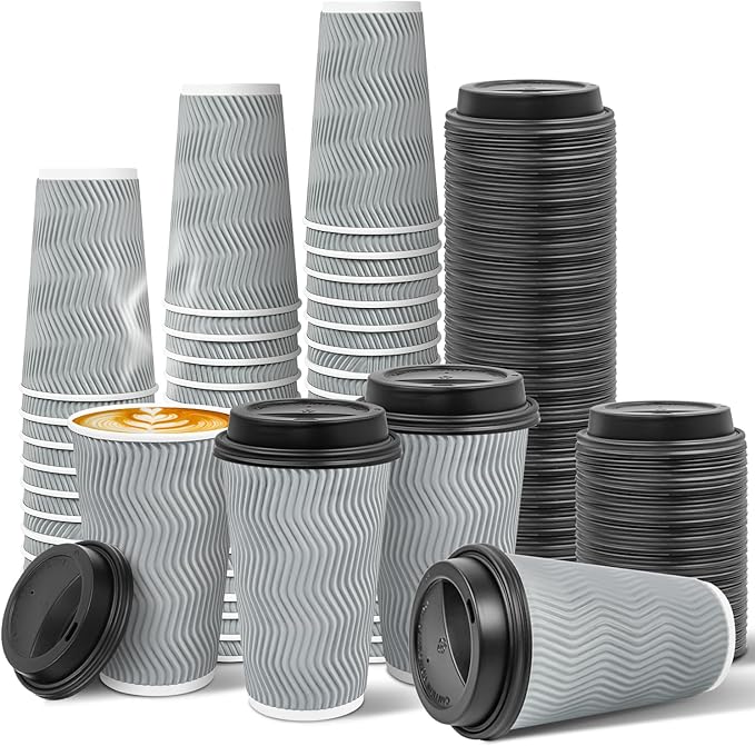 Ginkgo 100 Pack To Go Paper Coffee Cups With Lids, 16 oz Disposable Double-Walled Ripple Insulated Hot Cups for Hot Drinks, Lattes, Travel Cups, Large, Gray