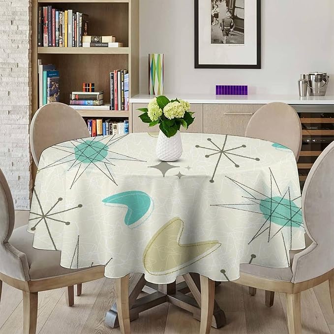 Mid Century Round Tablecloth, Modern Atomic Abstract Geometric Pattern Tablecloth for Home Party Dining Room Kitchen Decorm 70Inch(178cm)