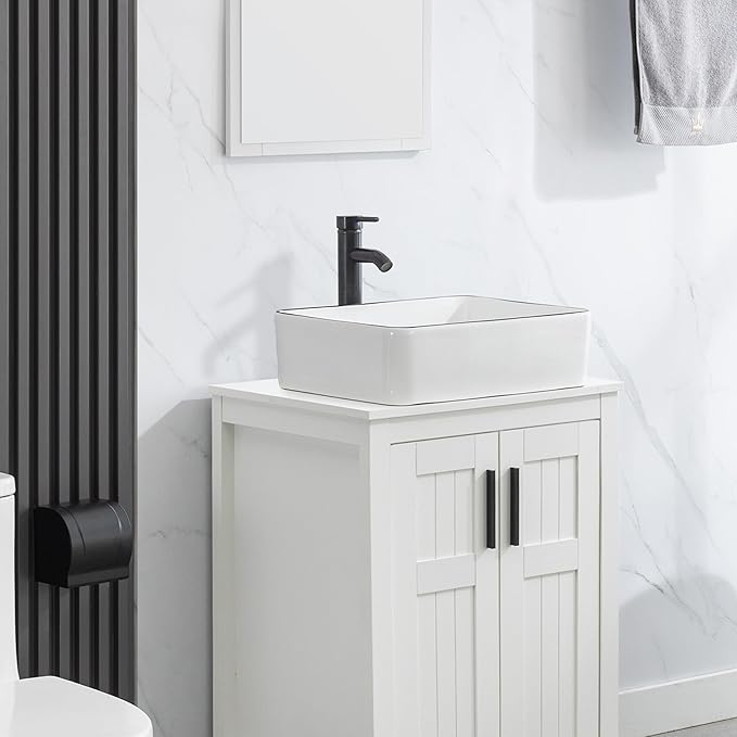 eclife Bathroom Ceramic Sink Bowl Classic White with Black Decor Line Porcelain Vessel Sink and Faucet Combo for Bathroom Countertop Bowl Sink & ORB Pop Up Drain (T03BK)