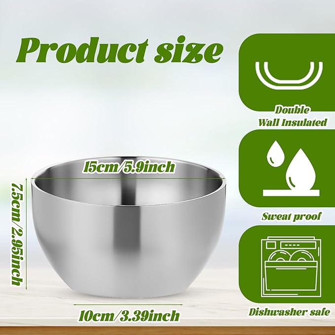 3 Pack 28 oz Stainless Steel Bowls, Double Wall Insulated Bowls 6 Inch Metal Bowl for Cereal Soup Ice Cream Eating