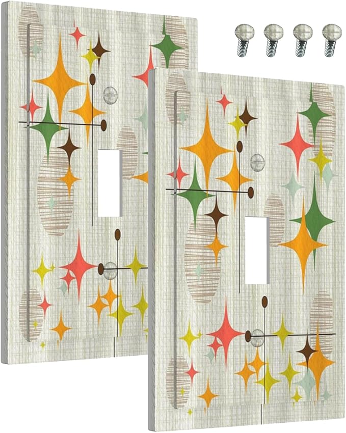 Decorative Light Switch Cover Mid Century Modern Retro Stars 1 Gang Wall Plate Cover Single Toggle Outlet Covers Switchplate Electrical Faceplate for Bathroom Bedroom Decor（2 Pack）