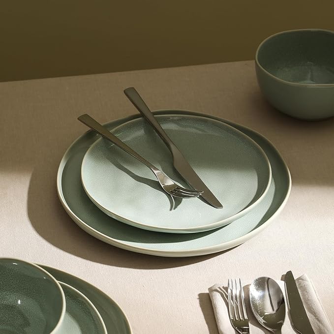 Stone Lain Mirella 24-Piece Dinnerware Set Stoneware, Plates and Bowls set, Microwave and Dishwasher Safe, Dish Set for 8, Light Green