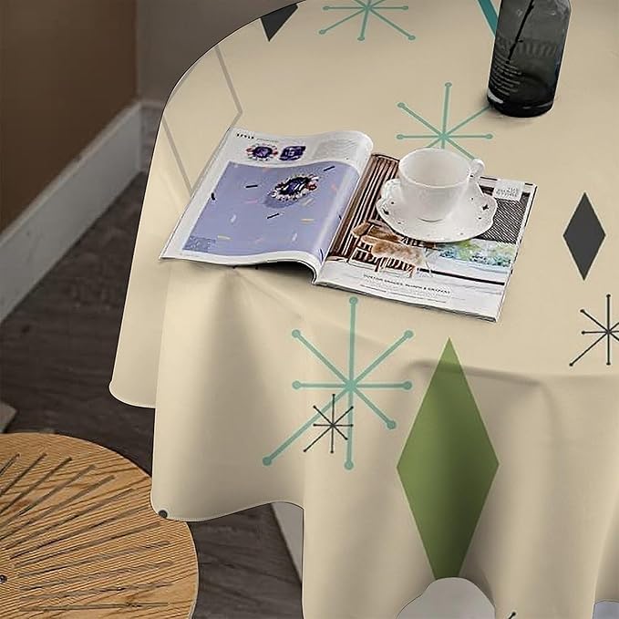 Colorful Middle Century Round Tablecloth, Vintage Bohemian Mid Century Modern Retro Print Tablecloth for Home Party Dining Room Kitchen Decor 60Inch(152cm)