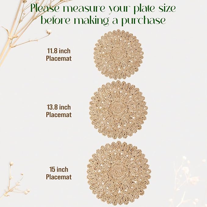 13.8" Corn Husk Woven Round Placemats Set of 4 - Wicker Boho Farmhouse Placemats - Rattan Table Mats for Dining Table, Wedding, Home