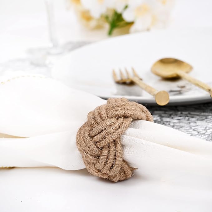 Nautical Jute Napkin Rings - Handmade Rustic Woven Coastal & Farmhouse Table Decor for Dining, Weddings, Parties & Home Entertaining - Napkin Rings Set of 12 (Brown) - ALPHA Living HOME