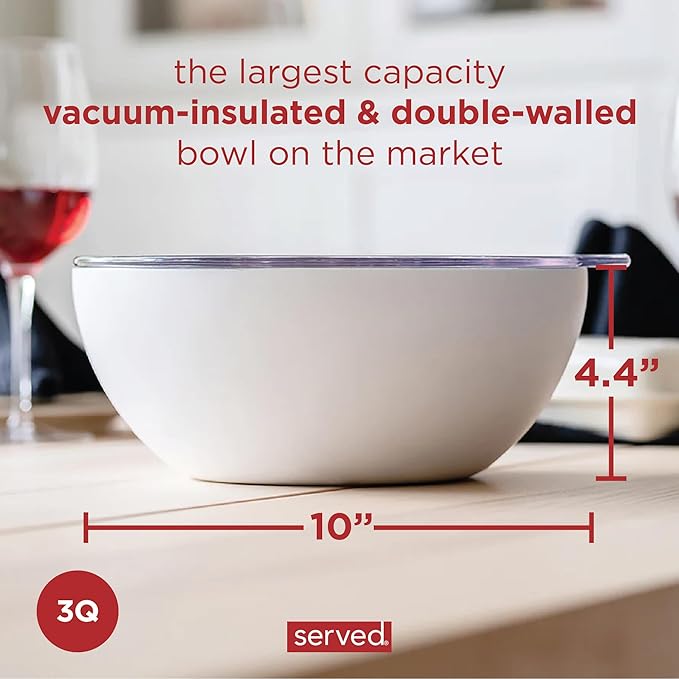 served Large Insulated Serving Bowl with Lid (100oz/3QT) - Double-Walled Stainless Steel Bowl for Hot & Cold Food - Vacuum Insulated, Spill-Resistant Thermal Bowl for Parties, Casseroles, Tailgates