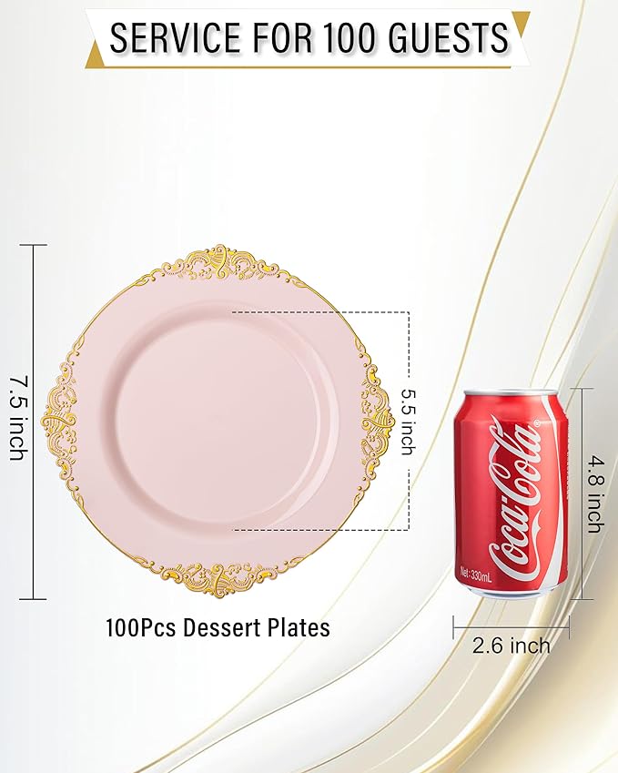 Nervure 100PCS Pink and Gold Plastic Plates - 7.5 inch Pink Plastic Plates with Gold Rim - Disposable Dessert Plate for Wedding & Party