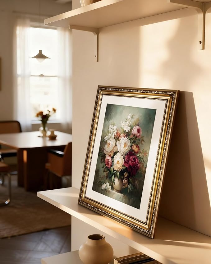 InSimSea Gold Picture Framed Wall Art, Living Room Vintage Moody Flower in Vase Wall Decor, Still Life Floral Canvas Print Art, Home Farmhouse Decor, Antique Paintings with Frame 13x16inch