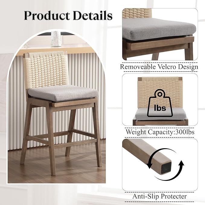 Mid Century Modern Counter Height Barstools Set of 4, 27” Linen Upholstered Counter Stools with Rope Woven Back Wooden Farmhouse Bar Stools for Kitchen Island Dining Room,Grey