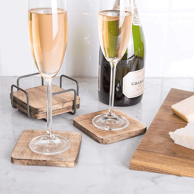 Godinger Coasters, Wooden Coasters with Holders, for Barware & Drinkware Rustic Design, Set of 4