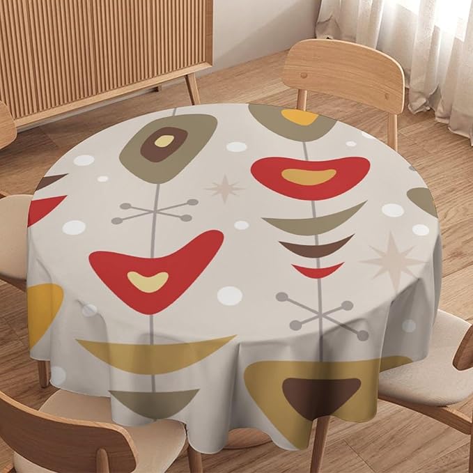 Retro Mid Century Round Tablecloth, Abstract Rustic Colorful Geometric Print Tablecloth for Home Party Dining Room Kitchen Decor 60Inch(152cm)