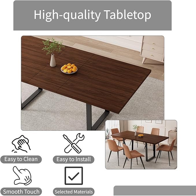 ZckyCine 67" Expandable Walnut Dining Table and 6 Upholstered Chairs, 7-Piece Modern Dining Set