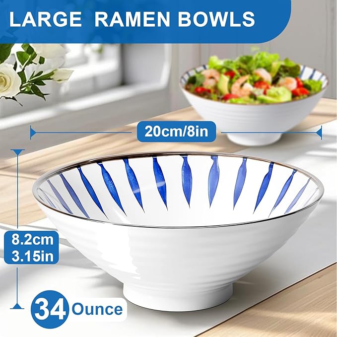 8-Inch Ceramic Ramen Bowl Set of 4 (17 Piece) - Porcelain Japanese Salad Noodles Cereal Fruit Pasta Soup Large Bowls with Recipes Chopsticks Forks Spoons for Men Women Gift Microwave Dishwasher Safe