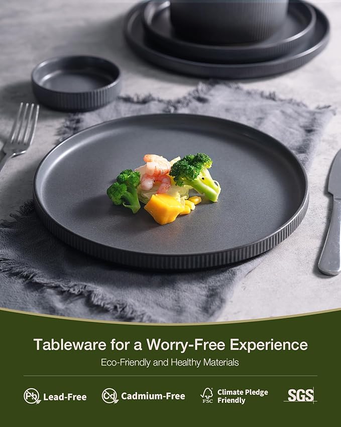 famiware Star Plates and Bowls Sets, Modern Stoneware Dinnerware Sets for 8, 24-Piece Kitchen Dish Set - Microwave and Dishwasher Safe, Chip and Scratch Resistant, Matte Dark Charcoal