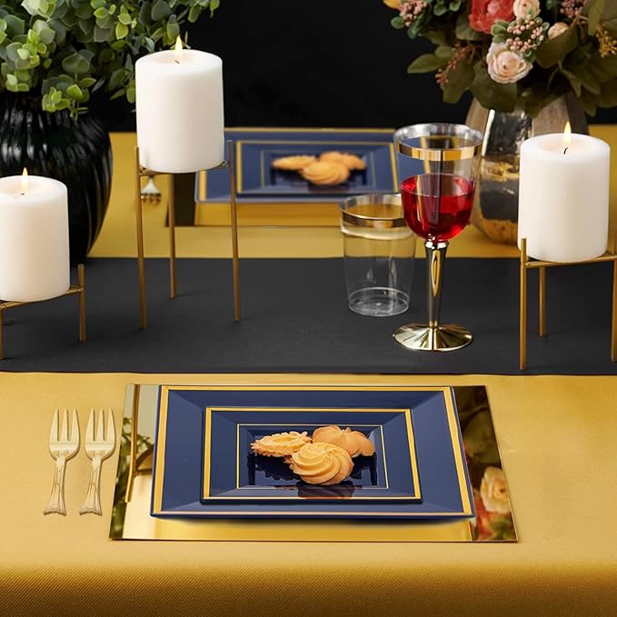 WDF 200PCS Blue Plastic Dessert Plates with Plastic Forks -6’’ 100 Square Disposable Appetizer Plates Small Cake Plates with Gold&100 Navy Blue Small Appetizer Forks for Party Wedding Birthday