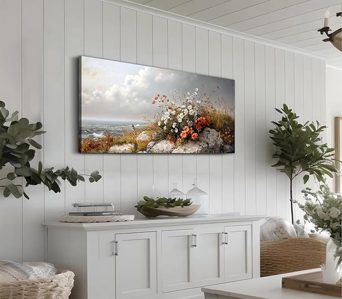 ADJUVANT Wall Art Vintage Coastal Floral Scene 48"L x 24"W, Seaside Wildflowers By The Ocean Canvas Painting Nature Artwork Coastal Blooms Prints Botanic Decor for Living Room Bedroom Bathroom Home Office