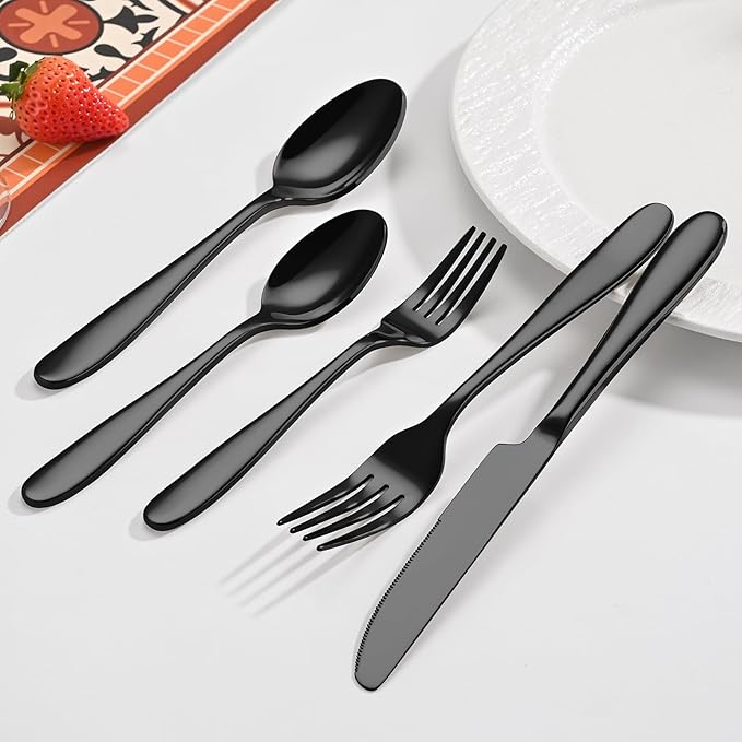 20-Piece Black Silverware Set, Flatware Set for 4, Food-Grade Stainless Steel Tableware Cutlery Set, Mirror Finished Utensil Sets for Home Restaurant, Forks Spoons and Knives Set, Dishwasher Safe