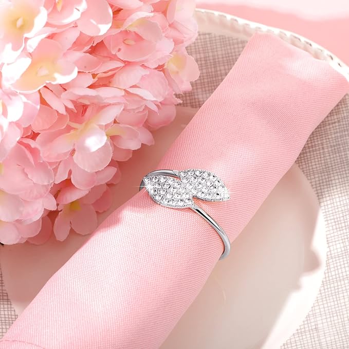 Hotop 24 Pcs Silver Holiday Napkin Rings Set Silver Bling Winter Napkin Rings Bulk Metal Leaves Holders Rhinestone Buckle for Wedding Christmas Dinner Gather Party Prom Table Decoration