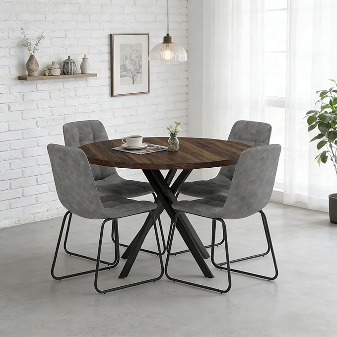 44" Round Dining Table with Cozy Chair Set for 4, Modern Mid-Century Dining Table Set of 4, Dinette Sets with Metal Leg for Kitchen Dining Room Apartment(Walnut Table + Gray Chairs)