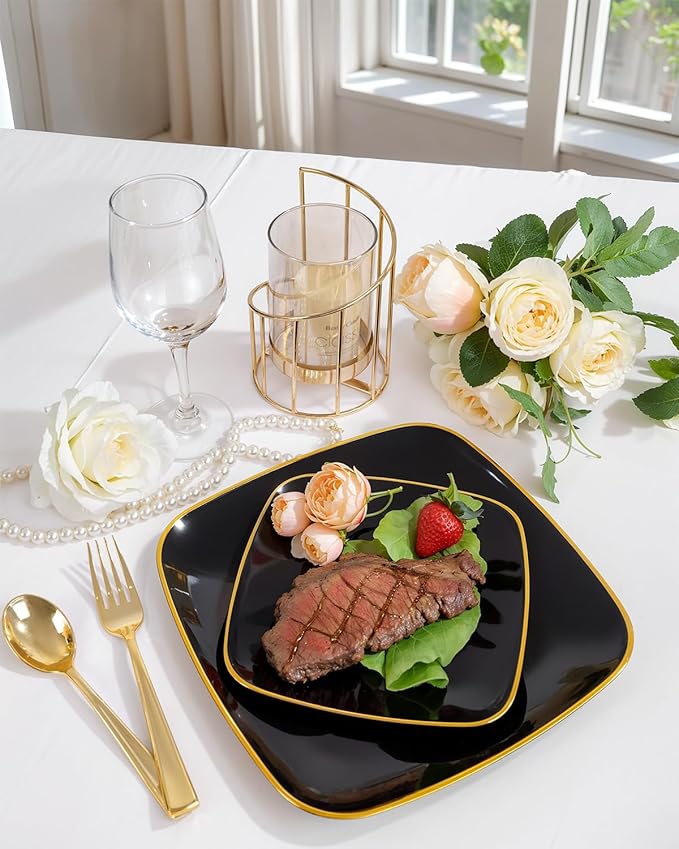 bUCLA 50PCS Black and Gold Plastic Plates - Square Black Gold Plastic Disposable - Include 25 Dinner & 25 Dessert Plates, Ideal for Party & New Year