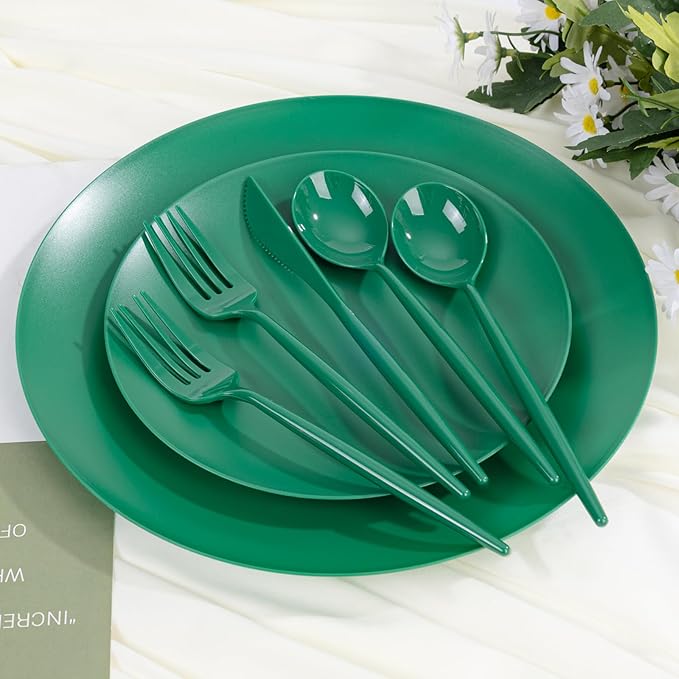 EI 150pcs Green Plastic Plates,Green Disposable Plates Heavy Duty,Fancy Plastic Dinnerware Set,Dinner Plate for Party,Picnic,Birthday,Wedding Afternoon Tea Spring