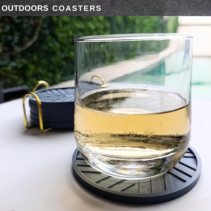 Silicone Coasters for Drinks Set of 6 & Gold Holder with Smart and Modern Groove Patterns - protecs Your Coffee Table from Condensation Mugs, Cups, Home Office bar Decor - Blue Gray