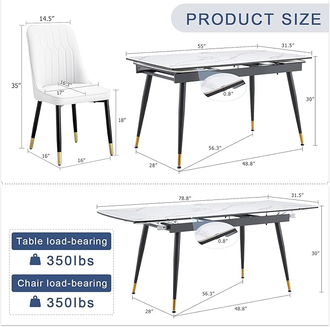 Extendable Dining Table Set for 6, 55'' to 78.8'' Rectangular Thickened Sintered Stone Kitchen Table with 6 Upholstered Chairs, Modern Space Saving 7-Piece Dinner Table Set