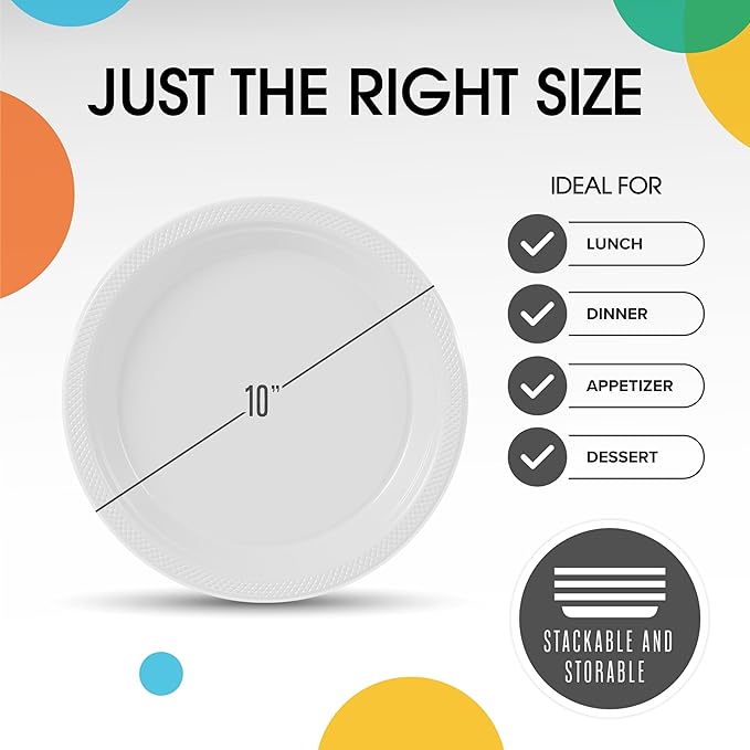 White Plastic Plates For Party 10" White Disposable Plates Heavy Duty 100 Pcs Plastic Dinnerware Sets Heavy Duty 350 GSM Disposable Dinnerware Set