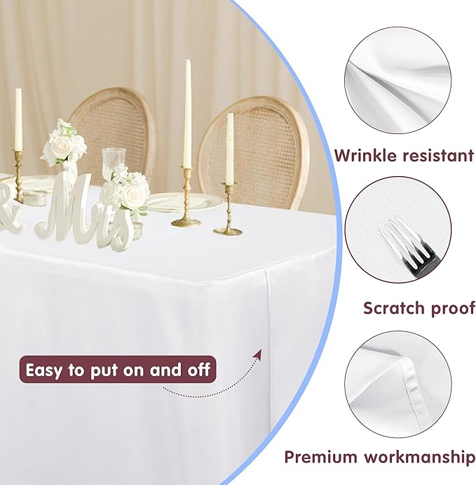 HolidayIdeas 2 Pack Square Fitted Table Covers - 34 x 34 Inch - White Fabric Washable Tablecloth Protectors for Folding Table, Parties, Wedding, Trade Show, Dining