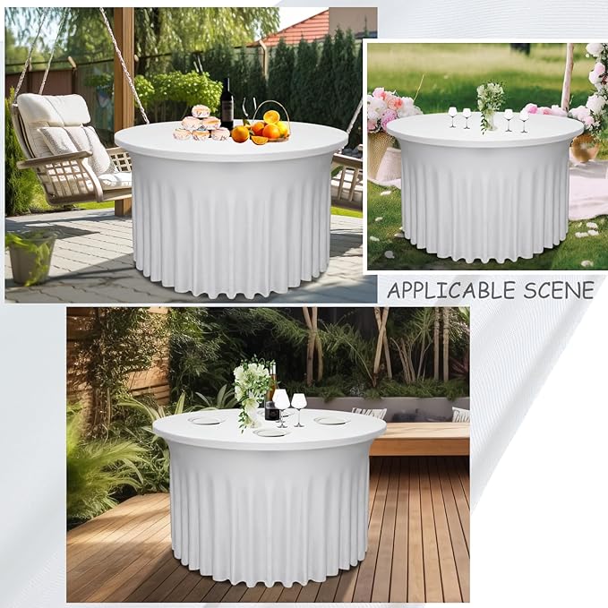 6 Pack 48" Diameter x 30" Height White Table Skirt | Fits 4FT Round Tables |Polyester Spandex Round Table Cloths with Skirt|Stain 、Wrinkle Resistant、 for Wedding,Party,Dining,Banquet