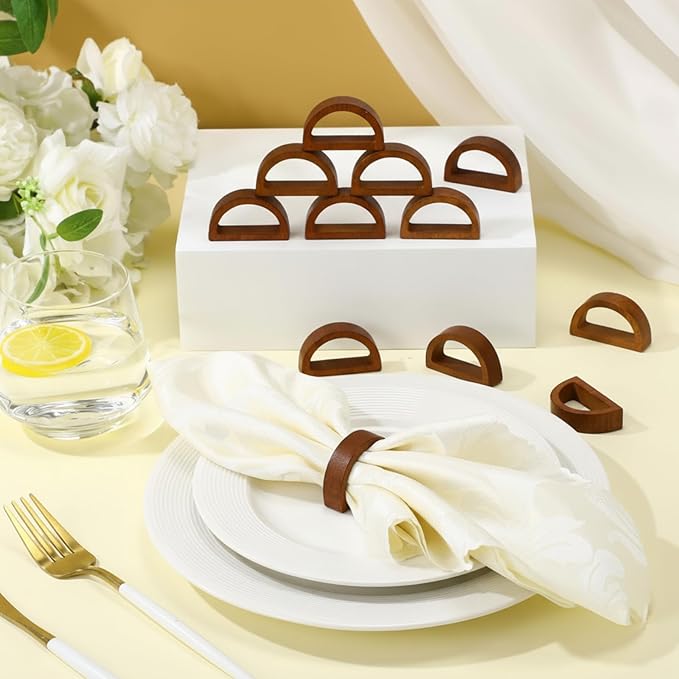 Remerry 50 Pcs Wooden Napkin Rings Handmade Dining Napkin Holder Buckles Farmhouse Semicircle Serviette Ring for Xmas Gathering Everyday Use Harvest Wedding Table Setting (Wood Color)