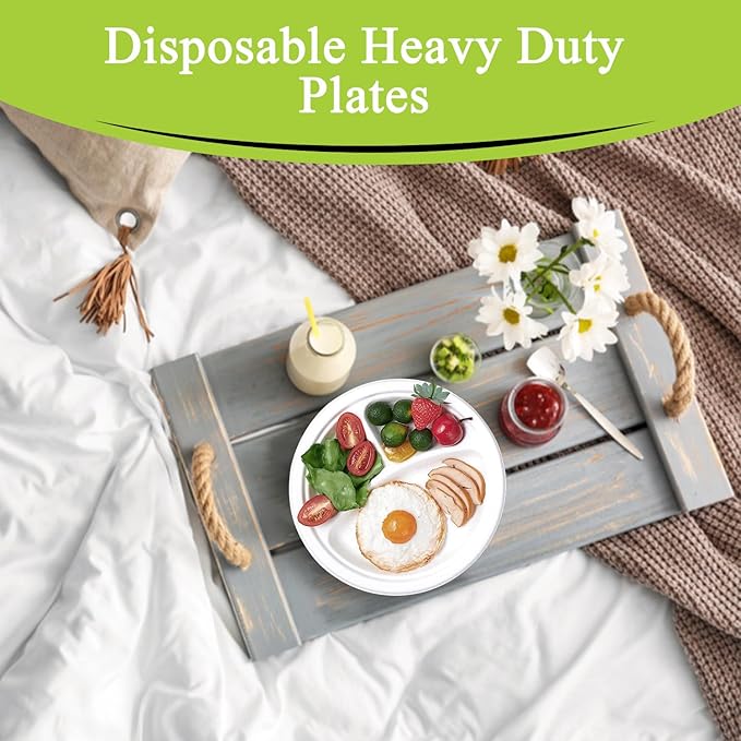 three leaf 9" 3 COMPARTMENT BAGASSE ROUND PLATE, 50 Ct. Heavy-Duty- Super Strong- Natural- Eco-Friendly Disposable Bagasse Plates, 100% Biodegradable 9 inch 3 compartment plates
