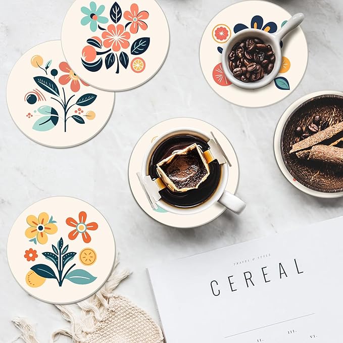 Boho Set of 6 Coasters for Drinks Absorbing Round Ceramic Stone Coaster with Cork Base,Tabletop Protection Mat for Mugs and Cups,Office,Kitchen (Boho Flower)