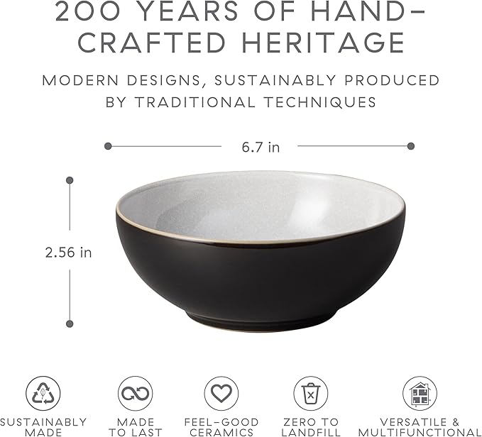 Denby - Elements Black Cereal Bowls Set of 4-28oz Everyday Soup, Dessert Bowls - Contemporary Design With Black Detail - Dishwasher & Microwave Safe Ceramic Stoneware Tableware - Scratch Resistant