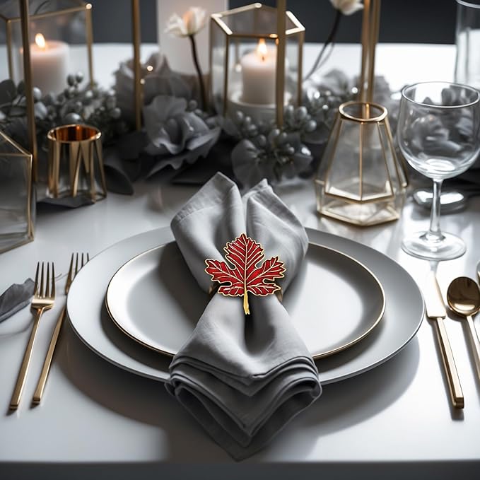 Decozen Set of 12 Red Gold Napkin Rings in Leaf Design, Festive, Table Decor Setting for Holiday, Wedding, Birthday, Kitchen, Home Decor, Housewarming Gift - Thanksgiving & Christmas Gift Decoration