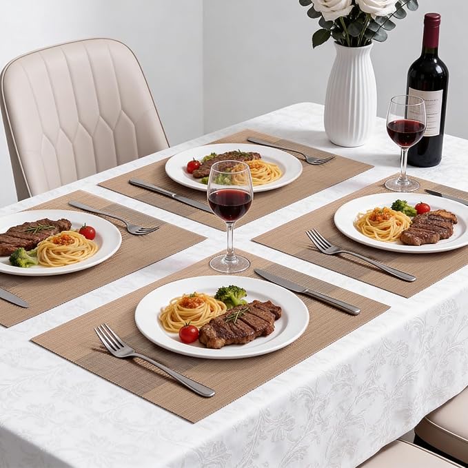 Timeet Placemats Set of 8, Heat Resistant Non-Slip Place Mats for Dining Table, Durable Washable PVC Vinyl Woven Table Mats, Resistant Kitchen Placemats Easy to Clean(Beige & Gray