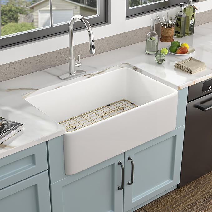 33 Farm Sink White - Fulorni 33"x20" Farmhouse Kitchen Sink Flat Apron Front White Ceramic Porcelain Fireclay Single Bowl Farmer Style Basin
