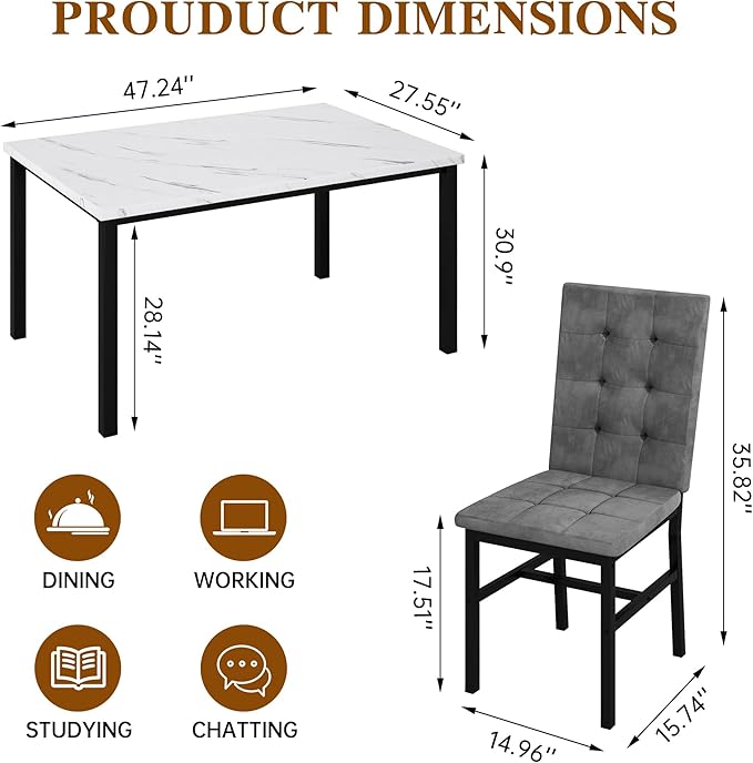 AWQM Dining Table Set for 4,Faux Marble Kitchen Table and Chairs Set of 4, Modern Dining Room Set for 4,Dinner Table Set with Velvet Chairs, Dining Set for Small Spaces,White & Grey