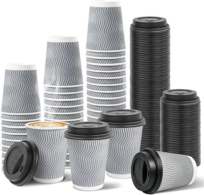 Ginkgo 100 Pack To Go Paper Coffee Cups With Lids, 8 oz Disposable Double-Walled Ripple Insulated Hot Cups for Hot Drinks, Lattes, Travel Cups, Small, Gray