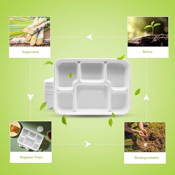 three leaf 6 Compartment Bagasse Tray 400 Ct. Heavy Duty, Super Strong,Eco Friendly Disposable Bagasse Plates,100% Biodegradable Plates, Microwave and Freezer Safe, Ideal for Party, Dinner and Picnic