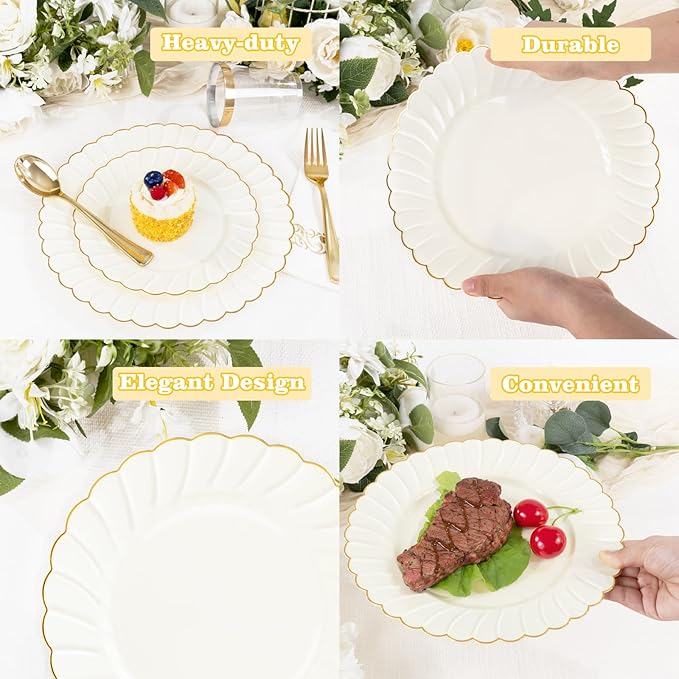 YOUBET 175PCS Ivory Scalloped Plastic Plates - Gold Disposable Dinnerware Set Include 50 Plates, 75 Gold Silverware, 25 Cups, 25 Napkins for Party & Wedding