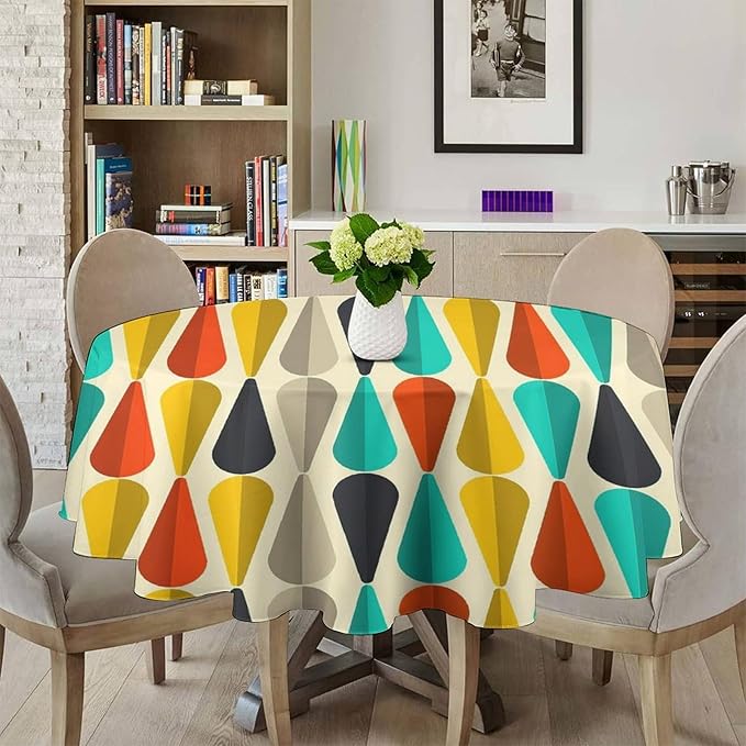 Vintage Bohemian Mid Century Round Tablecloth, Retro 50s 60s Geometric Pattern Print Tablecloth for Home Party Dining Room Kitchen Decor 70Inch(178cm)