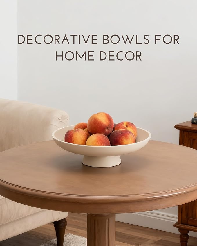 11.81" Pedestal Fruit Bowl, Concrete Large Decorative Fruit Bowls, Modern Fruit Bowl For Kitchen Counter, Footed Entryway Bowl For Keys, Cream White Decorative Entryway Table Bowl-Beige
