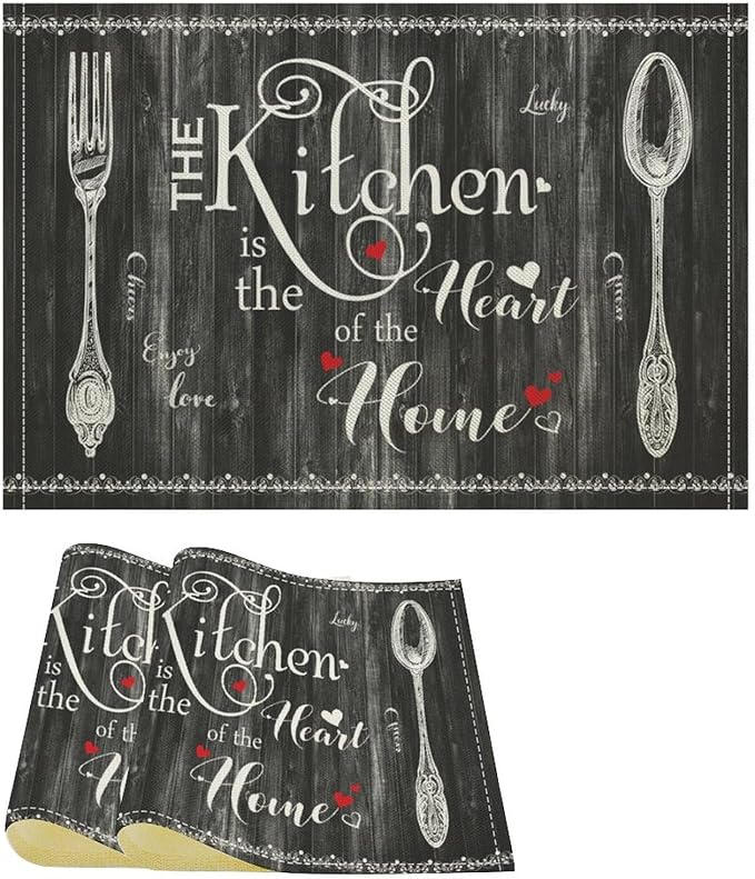 Vintage Farmhouse Placemat Set, Minimal Black White Rural Plank Art Sketch Cutlery Knife Fork Inspirational Quotes Pattern Home Decor Linen Table Mats for Dining Room Kitchen Party (17x12in) x2P