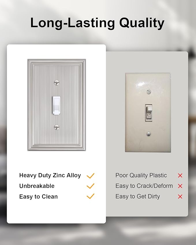 2-Pack Single Toggle Light Switch Cover Plate, Durable Solid Zinc Alloy Decorative Switch Plate Covers, Brushed Nickel 1 Gang Wall Plate, Corrosion Resistant