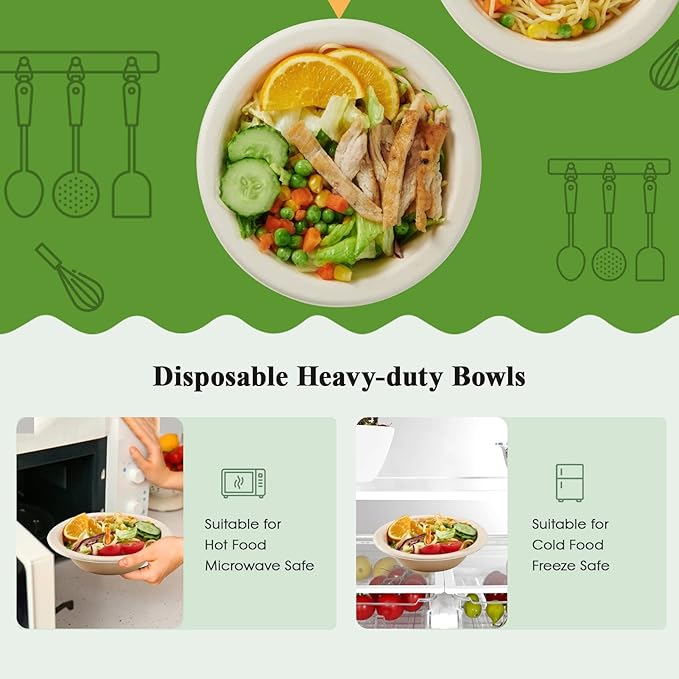 ECOLipak 150 Pack Compostable Disposable Paper Bowls, 16 OZ Bagasse Heavy duty Biodegradable Eco Friendly Sugarcane Soup Bowls for Salad Dessert(Nature)