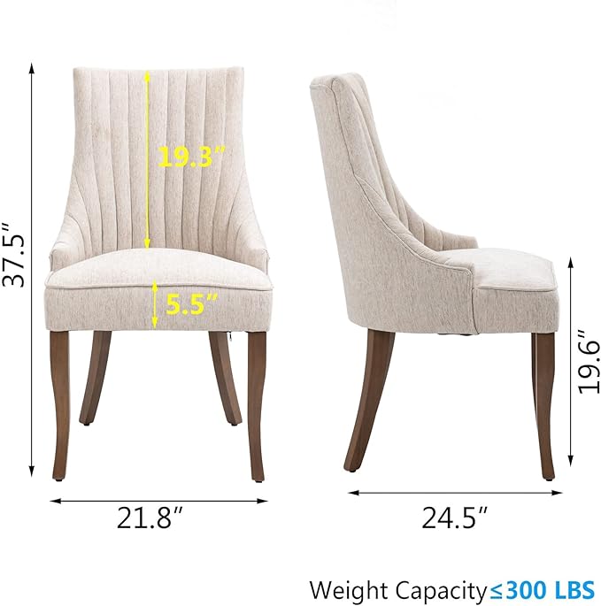 mikibama Linen Dining Chairs Set of 2 Channel Tufted Kitchen Dinner Chair Comfy Fabric Upholstered Accent Chair for Dining Room with Solid Wood Legs (Beige)