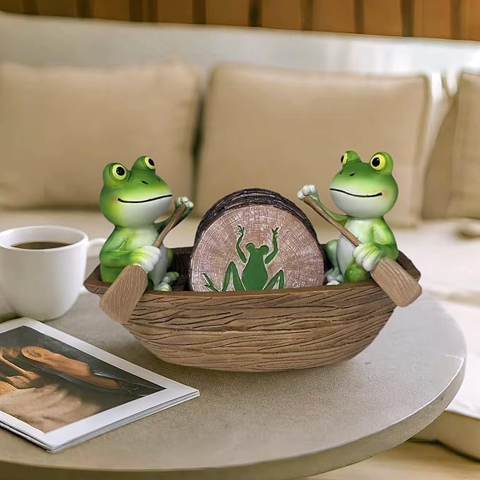 Frog Coasters Set of 6 Rustic Coasters in Handmade Canoe Drink Coffee Mug Wine Beer Bar Round Table Decorative Cute Log Cabin Decor for The Home
