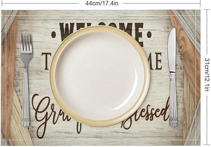 Vintage Farmhouse Placemat Set, Beige White Rustic Wooden Plank Patchwork Welcome Home Letter Inspirational Quotes Pattern Home Decor Linen Table Mats for Dining Room Kitchen Party (17x12in) x4P